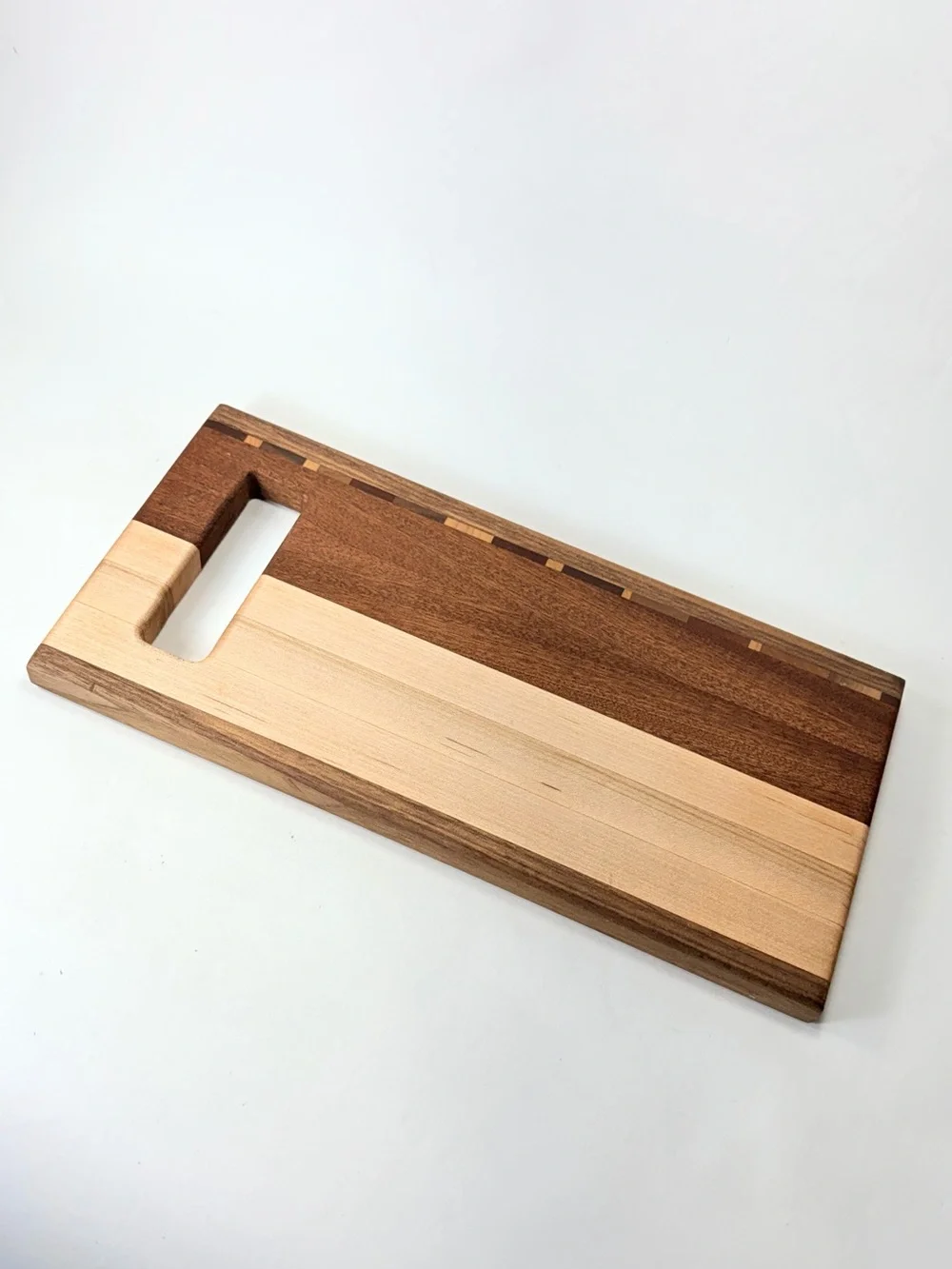 Wood Serving or Cutting Board with Built-In Handle Muilti Tone Wood Inlay
